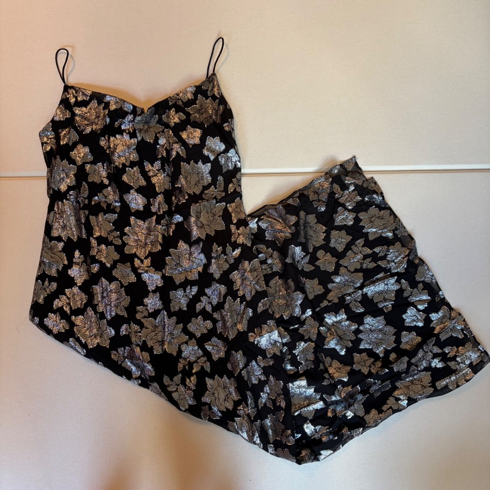 Club Monaco Jacquard Slip Dress 00 Black Silver NWT Silk Metallic Floral Maxi